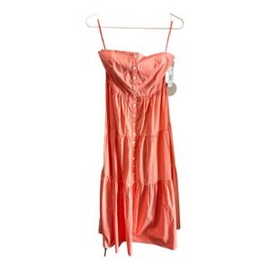 STAUD Elroy Dress Grapefruit Coral Smocked Tiered Midi Strapless Button Front M